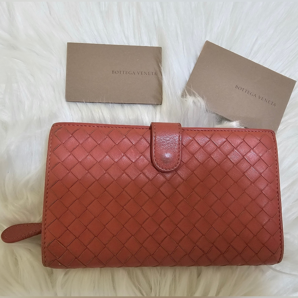 Bottega Veneta Intrecciato Flap Wallet, coral